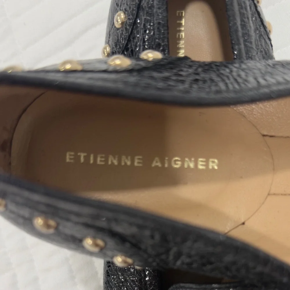 Etienne Aigner Black Crinkle Patent Studded Leather‎ Loafers Made in Spain 8.5 M